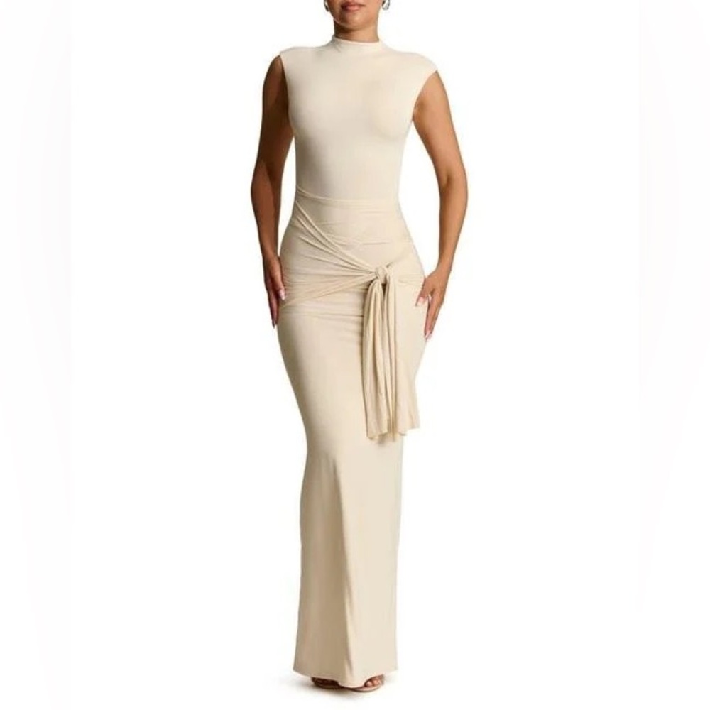 Naked Wardrobe Oatmeal Maxi Dress w/ front tie